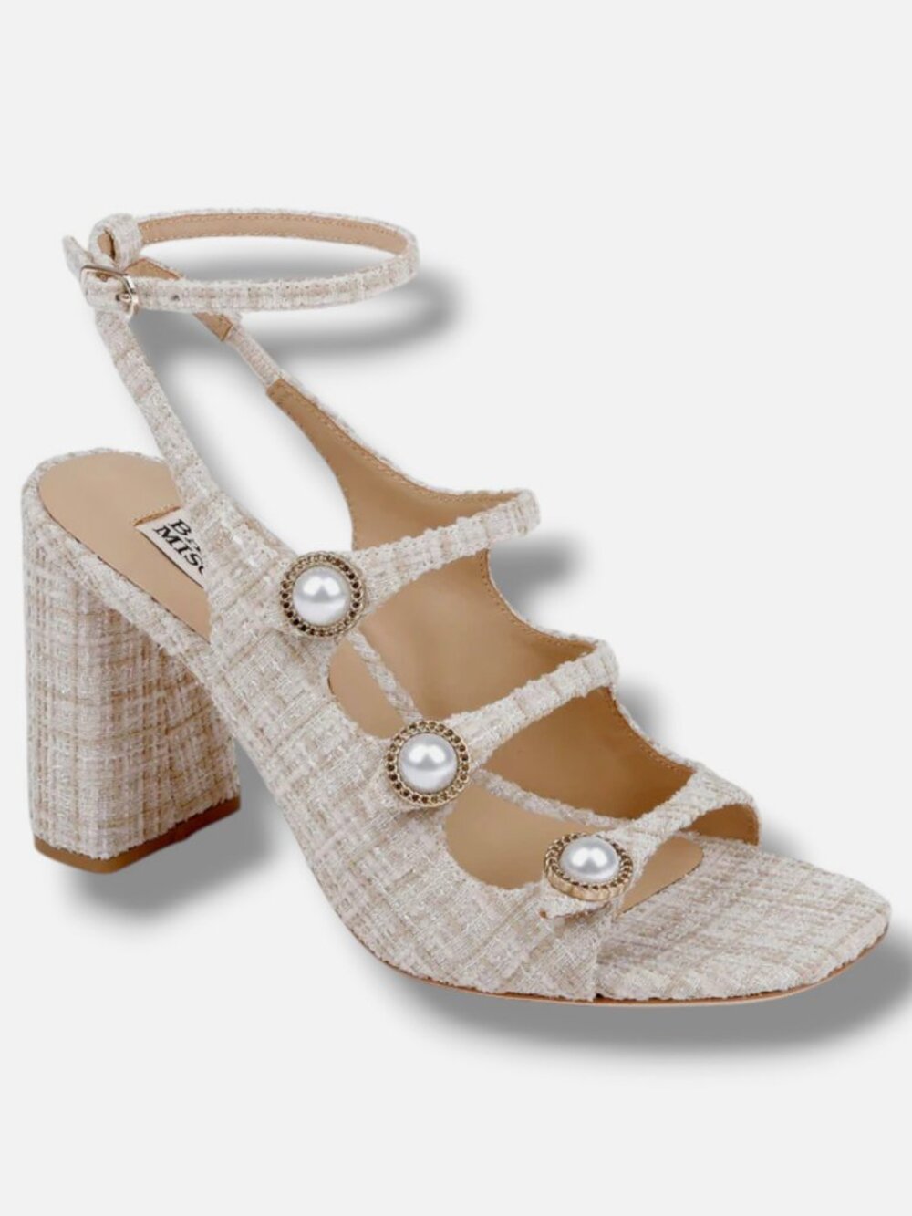 Badgley Mischka Women's Beige Tweed Embellished Block-Heel Sandals Shoes Size 8